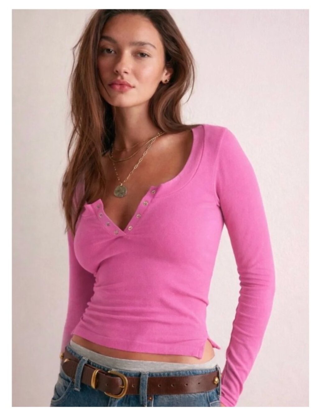 NWTO Free People Intimately Wide Awake Layer Henley Neon Rose M/L